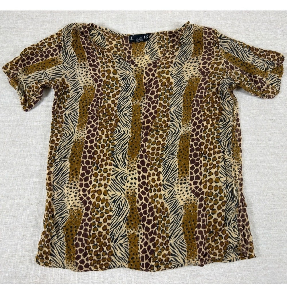 Lotus Women 1X Mixed Animal Print V-Neck Blouse Zebra Leopard Giraffe Rayon